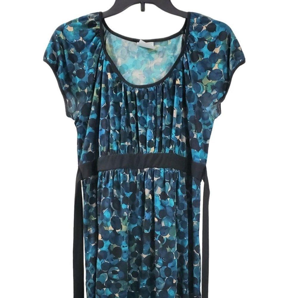 Two Hearts Maternity MEDIUM Black Blue Babydoll Blouse Stretch Tie Back